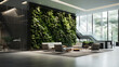 An office reception with a glass waterfall feature and a living green wall.