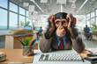 A monkey in a suit in the office at the computer does not know what to do and does not keep up with the work.