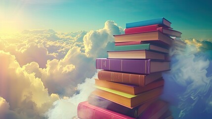 Wall Mural - World Book day with stack book In sky background. Bright colorful.  The concept for World Book Day background with copy space area for text. Happy Book Day.
