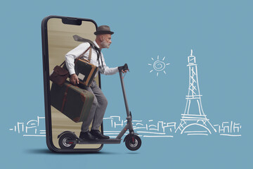 Wall Mural - International traveler on scooter and smartphone