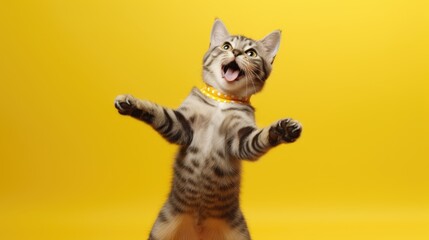 The cat jumps with a surprised muzzle and wide-open eyes on a yellow background. Funny cat.