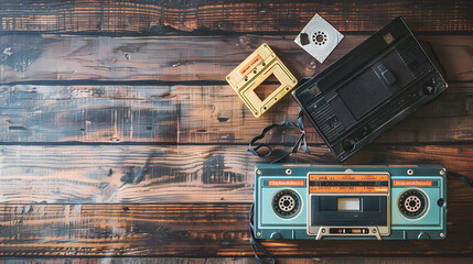 Sticker - Top view hero header - retro technology of radio cassette recorder music with retro tape cassette on wood table. Vintage color effect styles.