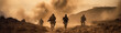 Military Special Forces soldiers cross a devastated war zone through fire and smoke in the desert, a broad poster design.