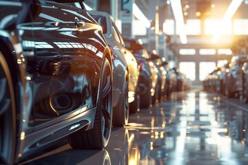 Cars in a row for sale in a showroom