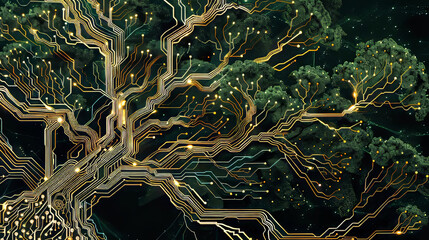Poster - Creative stylized tree made of circuit lines. Nature and electronics fusion concept.
