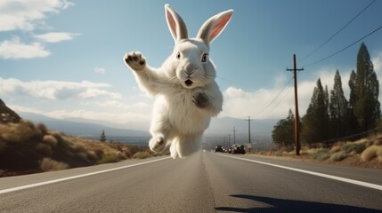 Sticker - A cute little fluffy rabbit is jumping along the road on a bright sunny day. Easter holiday.