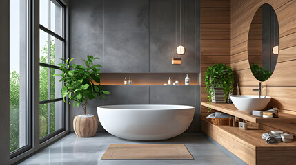 Wall Mural - modern bathroom interior with tub and wooden stand sink, 3d rendering