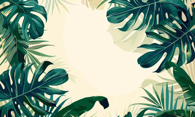 Wall Mural - tropical leaves design vector green leaf on beige background. copy space for text in the middle.