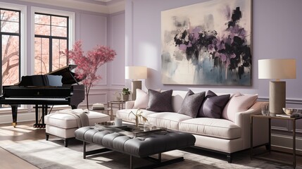 Wall Mural - A serene living room with whispering lilac walls and ebony black accent furniture