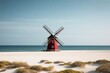 a high quality stock photograph of a single colorful beach windmill isolated on a beach background