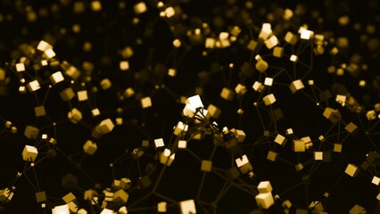 Poster - Abstract connected lines and cubes in wavy motion. Design. Up and down levitating 3d particles.
