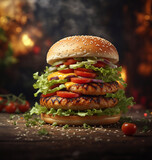 Fototapeta Pomosty - Homemade hamburger with beef, tomato, lettuce, cheese and onions on a wooden table In a fast food restaurant