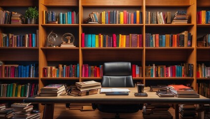 photo of a working room with lots of books and colorful decorations made by AI generative