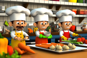 Many people cook at a restaurant kitchen 3d cartoon illustration, beautiful, colorful, vegetarian, vegan