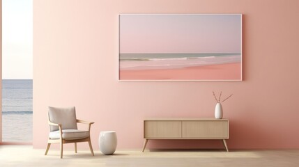 Wall Mural - minimalist cozy beach backdrop with ample copy space, embraced by the soft and subtle light of a misty day, creating a calm and introspective atmosphere