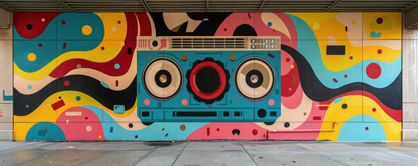 Wall Mural - A retro pop art boombox mural pumps out colorful musical waves revitalizing an old building