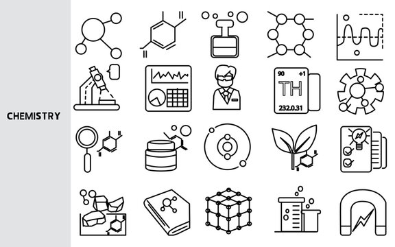 Chemistry, chemical industry and biochemistry scientific experiment ,Set of line icons for business ,Outline symbol collection.,Vector illustration. Editable stroke