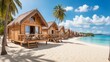 view of wooden huts on the beach with white sand and beautiful blue sea made by AI generative