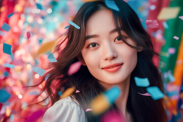 Wall Mural - Happy young asian woman smiling among the confetti