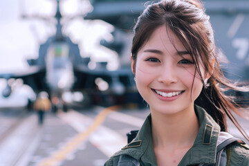 Asian woman wearing air force uniform in the combat aircraft carrier