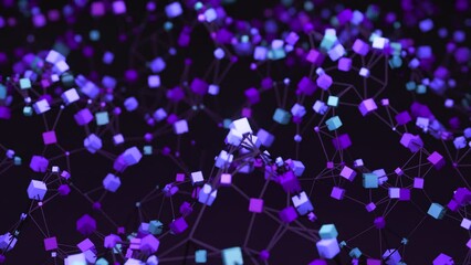 Poster - Colorful 3d cubes with network move in space. Design. Connecting chains with 3d cubes in space. Cubes are connected by network moving in waves