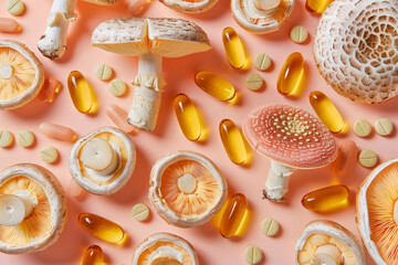 Canvas Print - mushroom supplement tablets. Overhead view of mushrooms with herbal medicine pills