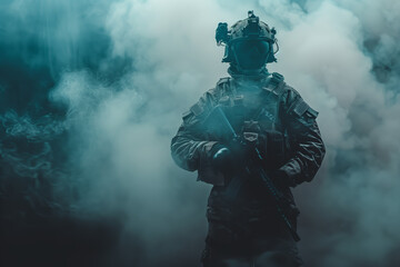 Wall Mural - Tactical Soldier in Smoke with Night Vision Goggles. A solitary soldier equipped with night vision goggles and tactical combat gear stands enveloped in dramatic smoke.