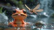 A funny cartoon frog attempting to catch flies with its tongue, but ending up with its tongue stuc