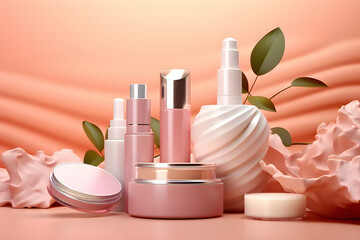 Poster - A composition of pink various jars of cosmetics created by artificial intelligence. 3D illustration
