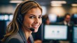 Beautiful Young Female Customer Service Operator Smiling at a Busy Modern Call Center