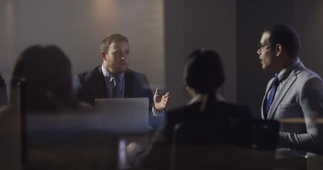 Aufkleber - Business people, meeting and team with discussion in conference room, planning for project and communication. Collaboration, support and trust, corporate strategy negotiation in workplace at night