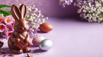 Canvas Print - cute chocolate easter bunny with eggs on lilac background