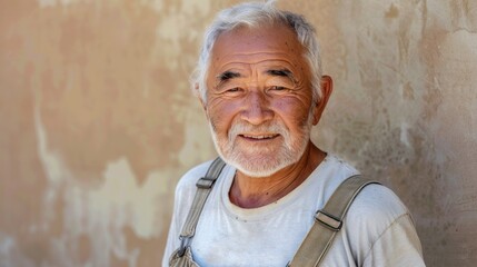 Wall Mural - A smiling elderly man with white hair and a beard wearing a white shirt and suspenders standing against a textured beige wall.