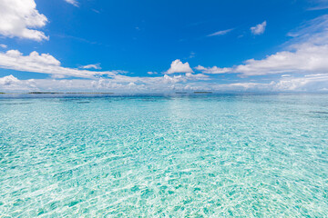 Wall Mural - crystal clear sea water bay. pristine ocean lagoon sunny cloudy sky, idyllic relaxing seascape. tran