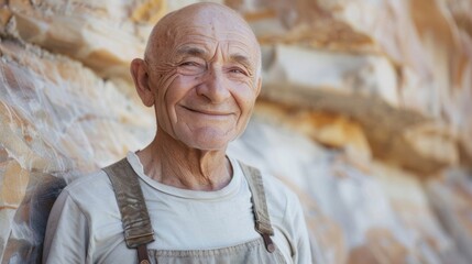 Wall Mural - Smiling elderly man with bald head wearing apron standing against a textured stone wall.