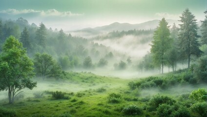 Wall Mural - photo of a forest view with lots of misty green trees in the morning made by AI generative