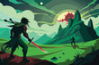 A anime scene of a man slashing a sword on a green hill - silhouette of a person in the mountains, vector
