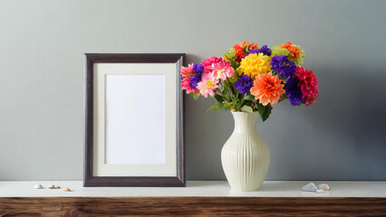 Poster - Simple empty picture frame in front of a light wall next to a vase with beautiful colourful flowers - 3D rendering