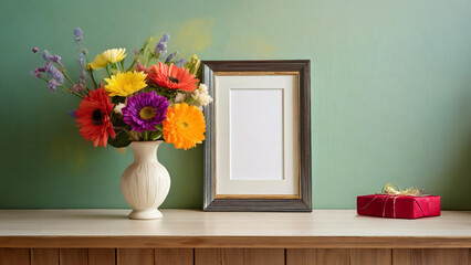 Poster - Empty picture frame in front of a light green wall next to a vase with spring flowers and a beautifully wrapped gift - 3D rendering