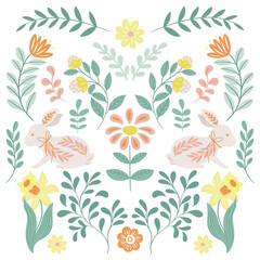 Collection of folk art design elements. Folk flora and fauna vector illustration isolated on white background. Hand drawn folk flowers. Scandinavian traditional motif