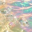 Diamonds floating in the pastel water with sparkle.. Summer fashion cosmetic concept. Glittery iridescent beach idea.