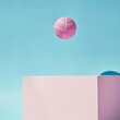 Pink basketball in the air on a blue and pink background. Copy space. Creative sport idea.