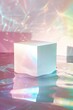 White cube in the water for copy space adorned with glitters. Iridescent  aesthetic colors. Summer aesthetic background with podium copy space for product photography.