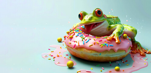 frog indulges in a massive pink donut adorned with colorful sprinkles and luscious icing. The Frog is eating a huge pink donut with colourful sprinkles. hyperrealistic and cute style