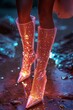Woman in sparkling light orange high heel boots. Fashion aesthetic glittery autumn concept.