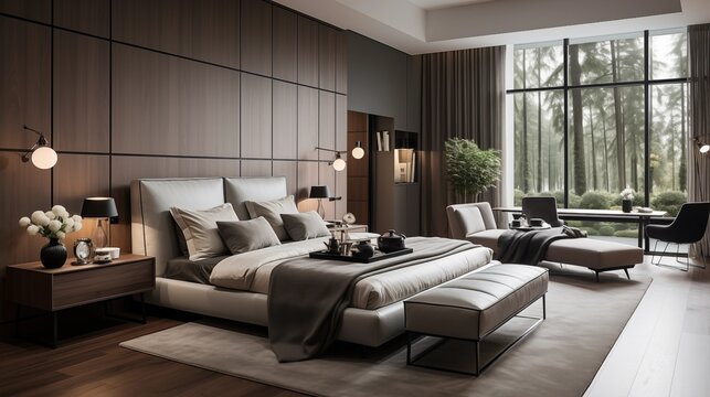 An elegant bedroom with light gray bedding and rich espresso accent wall