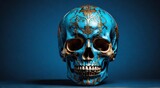 Fototapeta  - Vivid Human Skull Isolated on Blue Background: A Striking Visual Element for Educational or Artistic Purposes, copy space, helloween