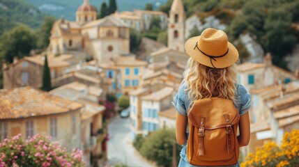 Female traveler admiring scenery of rural town in France.