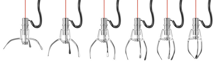 opened and closed chrome machine claw hand isolated on a white background. robotic claw hand in diff