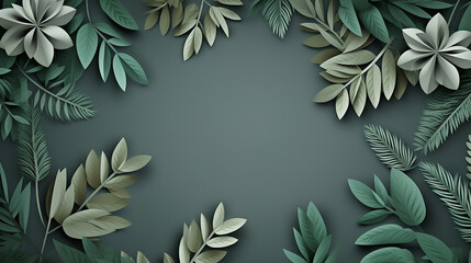 Wall Mural - top view of green paper plants with leaves on grey background